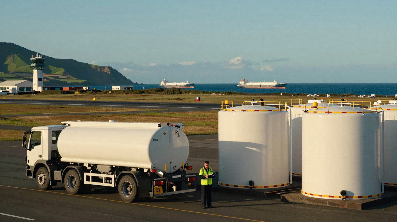 Tanklastwagen und Arbeiter neben großen Lagertanks auf einem Flughafen mit Seehafen und Schiffen im Hintergrund.