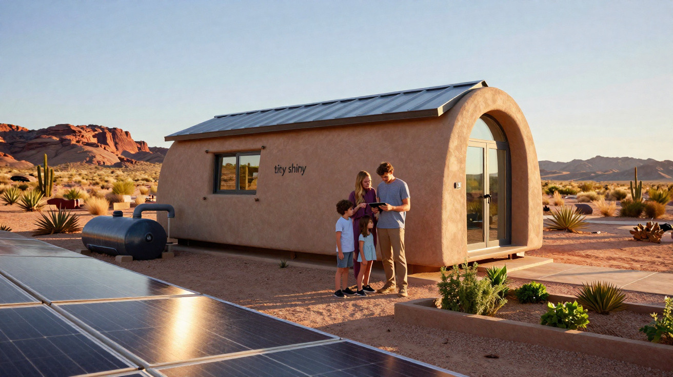 Familie vor einem kleinen, nachhaltigen Haus mit Solarpanels in einer Wüstenlandschaft bei Sonnenuntergang.