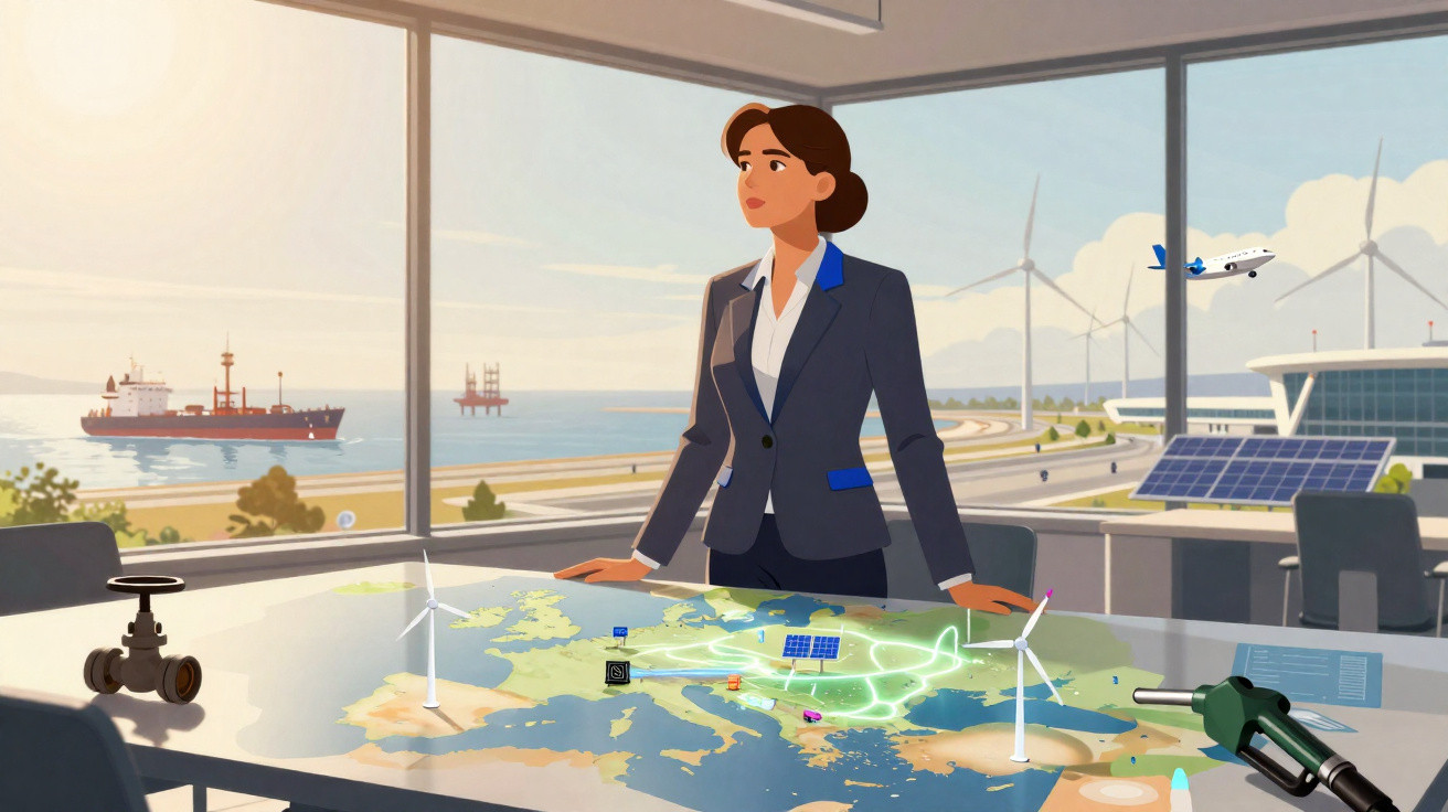 Frau in Büro vor Fenster mit Blick auf Meer, Windräder, Solarpanels und Flugzeug, Karte mit grünem Flugzeug-Overlay.