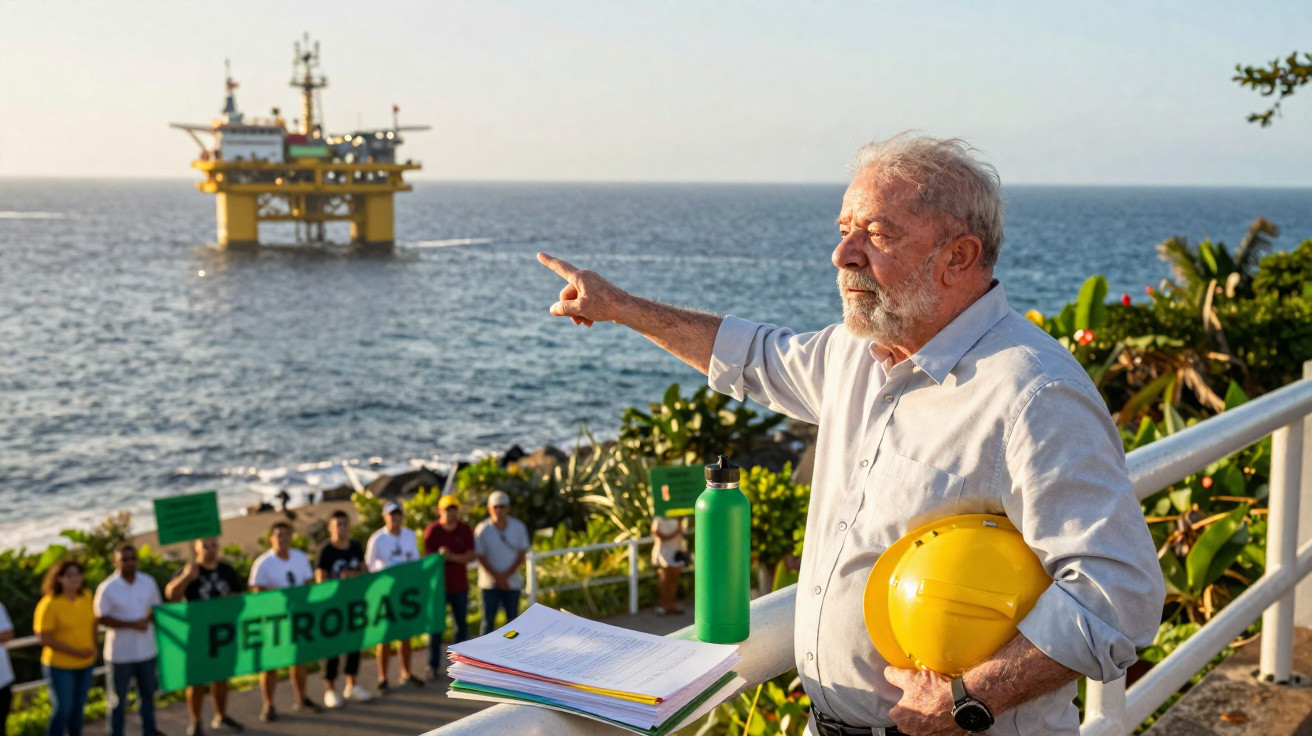 Älterer Mann mit Schutzhelm zeigt auf eine Ölplattform im Meer, im Hintergrund Menschen mit Petrobras-Plakat.
