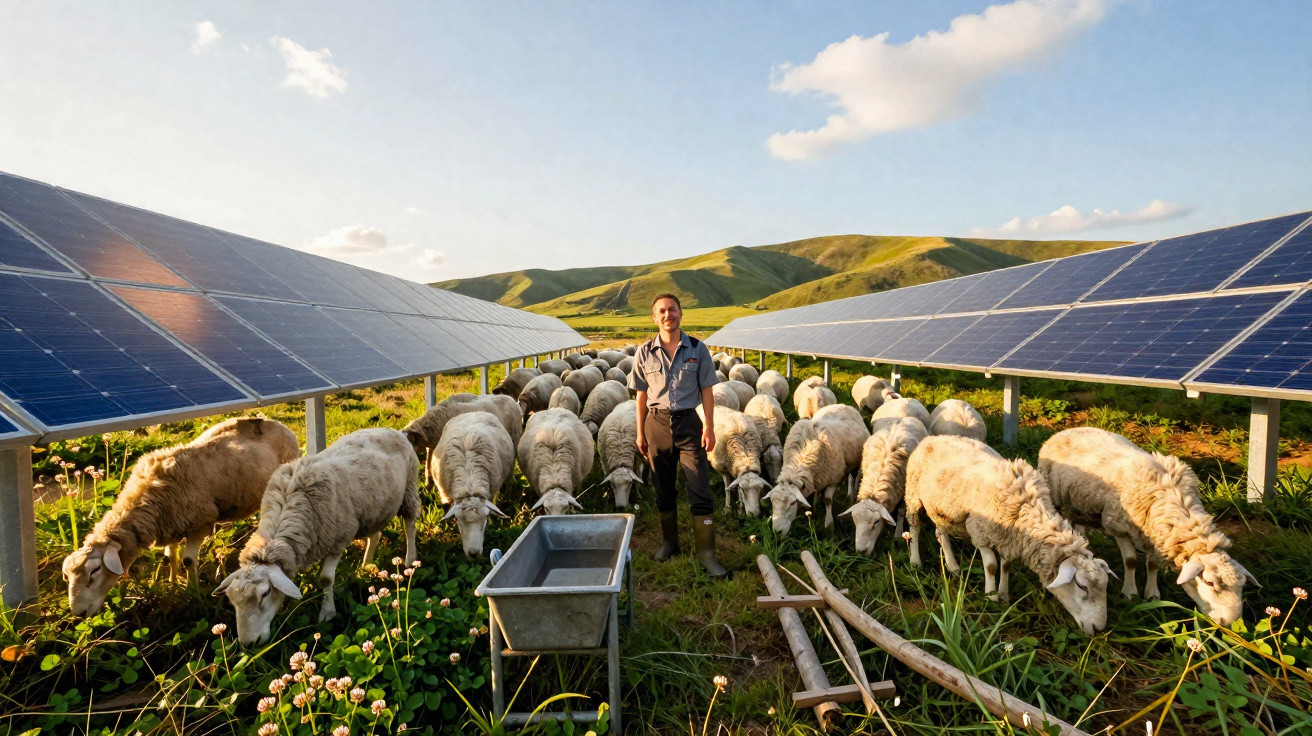 Bauer steht zwischen Schafen auf Weide mit Solarpanelen unter klarem Himmel und grünen Hügeln im Hintergrund.