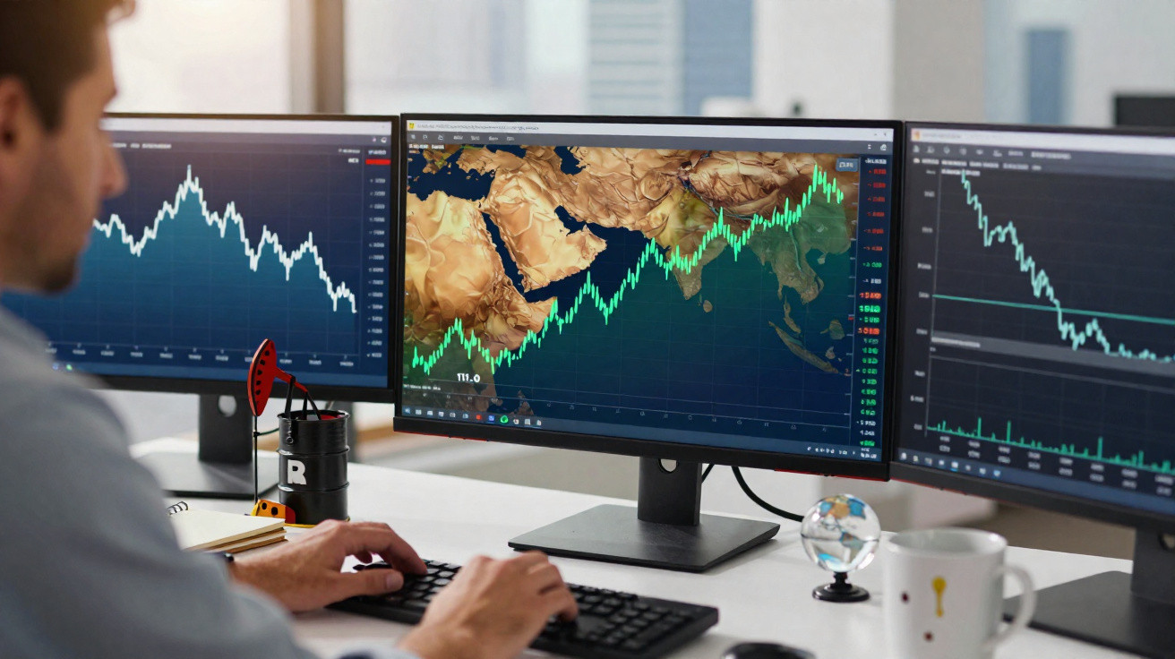 Mann analysiert Finanzdiagramme auf drei Monitoren mit Landkarte und fallenden Kursgrafiken im Büro.