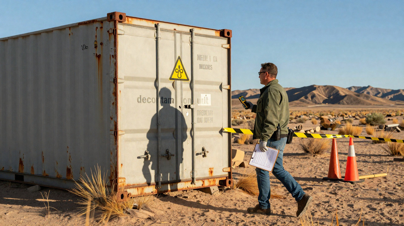 Mann mit Schutzbrille prüft Messgeräte an einem Container mit Warnschild in einer Wüstenlandschaft.