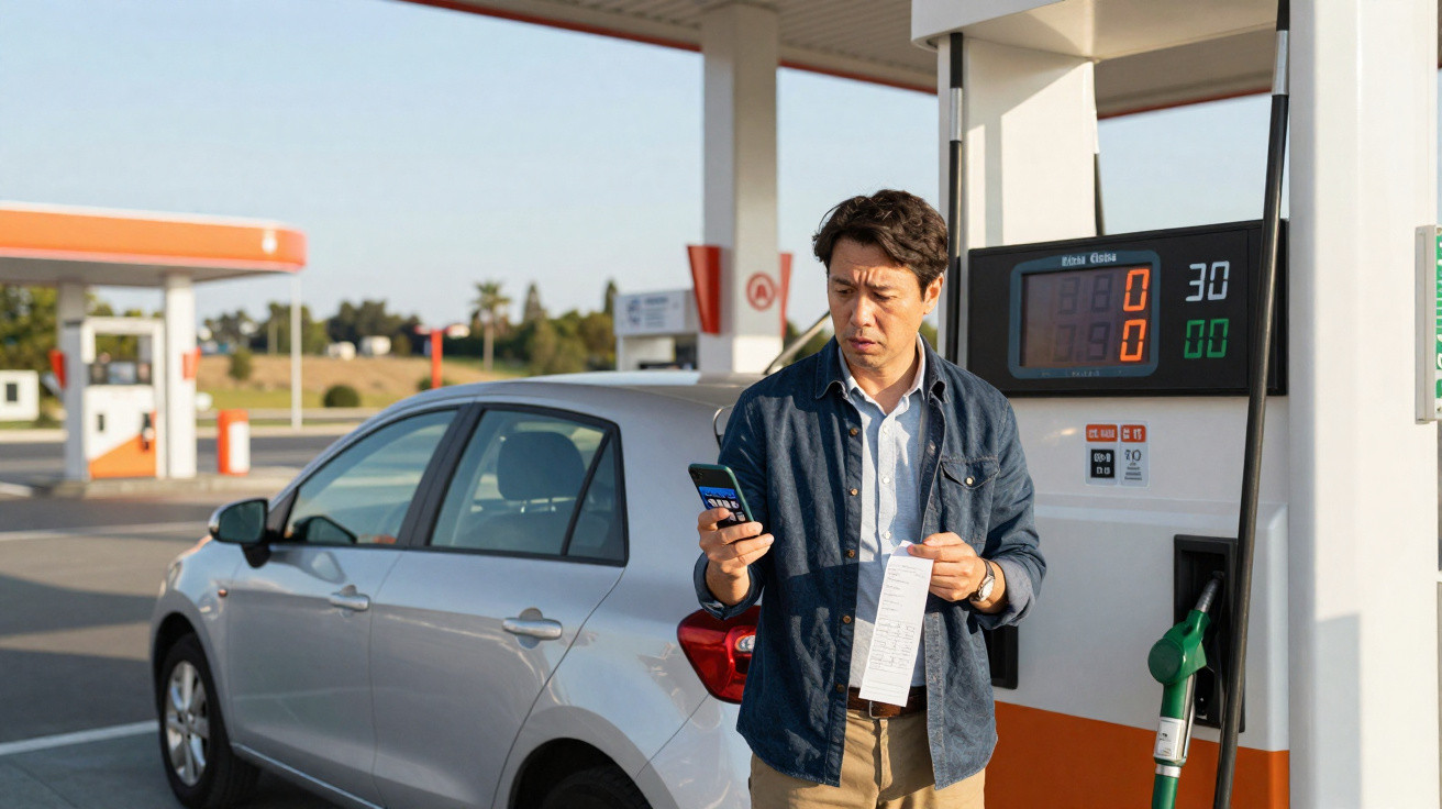 Mann an einer Tankstelle mit Kassenzettel in der Hand, schaut auf sein Handy neben einem silbernen Auto.