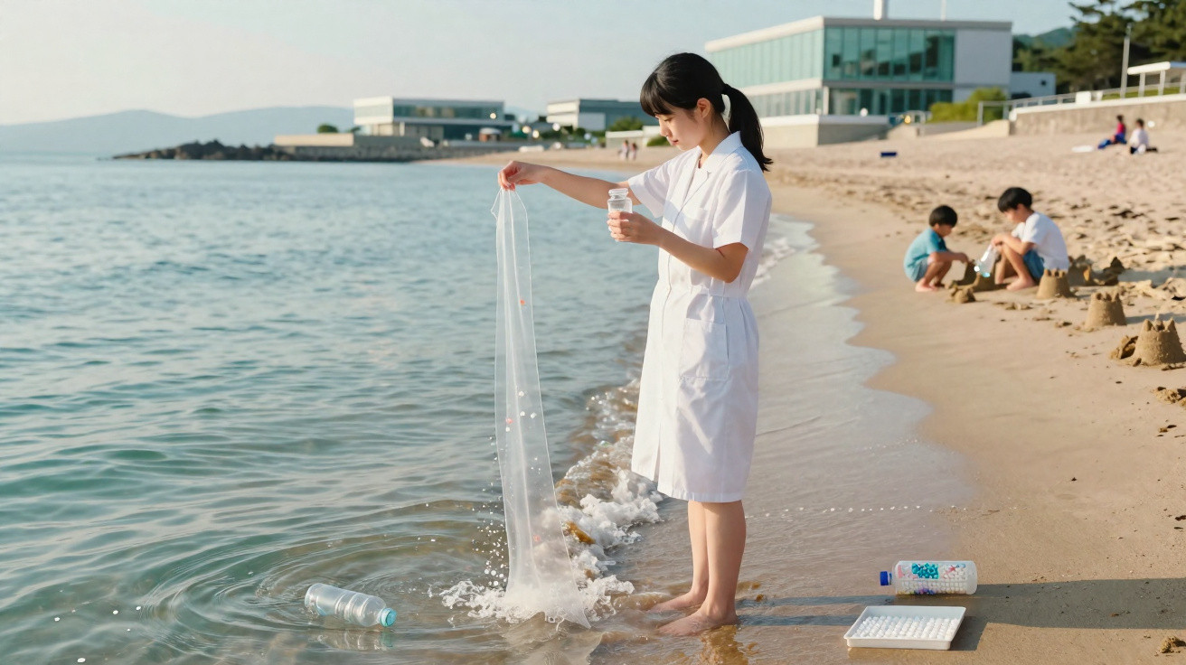 Frau im weißen Kittel steht am Strand und hält ein durchsichtiges Netz im Wasser, Kinder bauen Sandburgen.