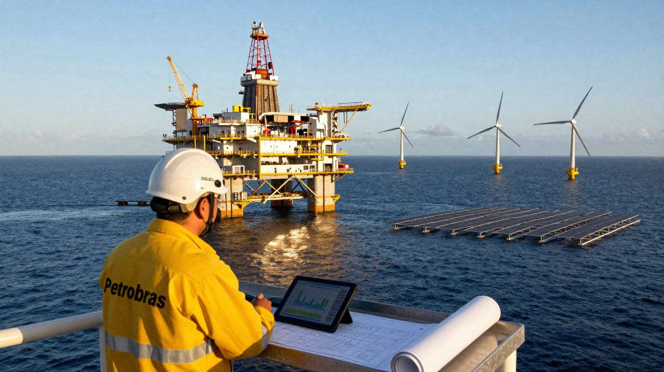 Mitarbeiter auf Plattform beobachtet Offshore-Ölplattform, Windräder und schwimmende Solarpanels im Meer.