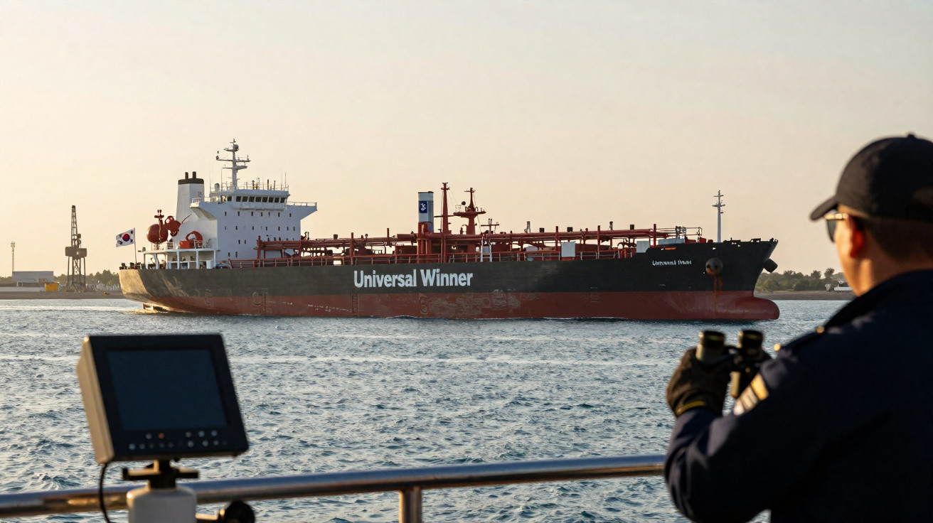 Ein Mann mit Fernglas beobachtet den Frachter „Universal Winner“ auf ruhigem Wasser bei Sonnenuntergang.