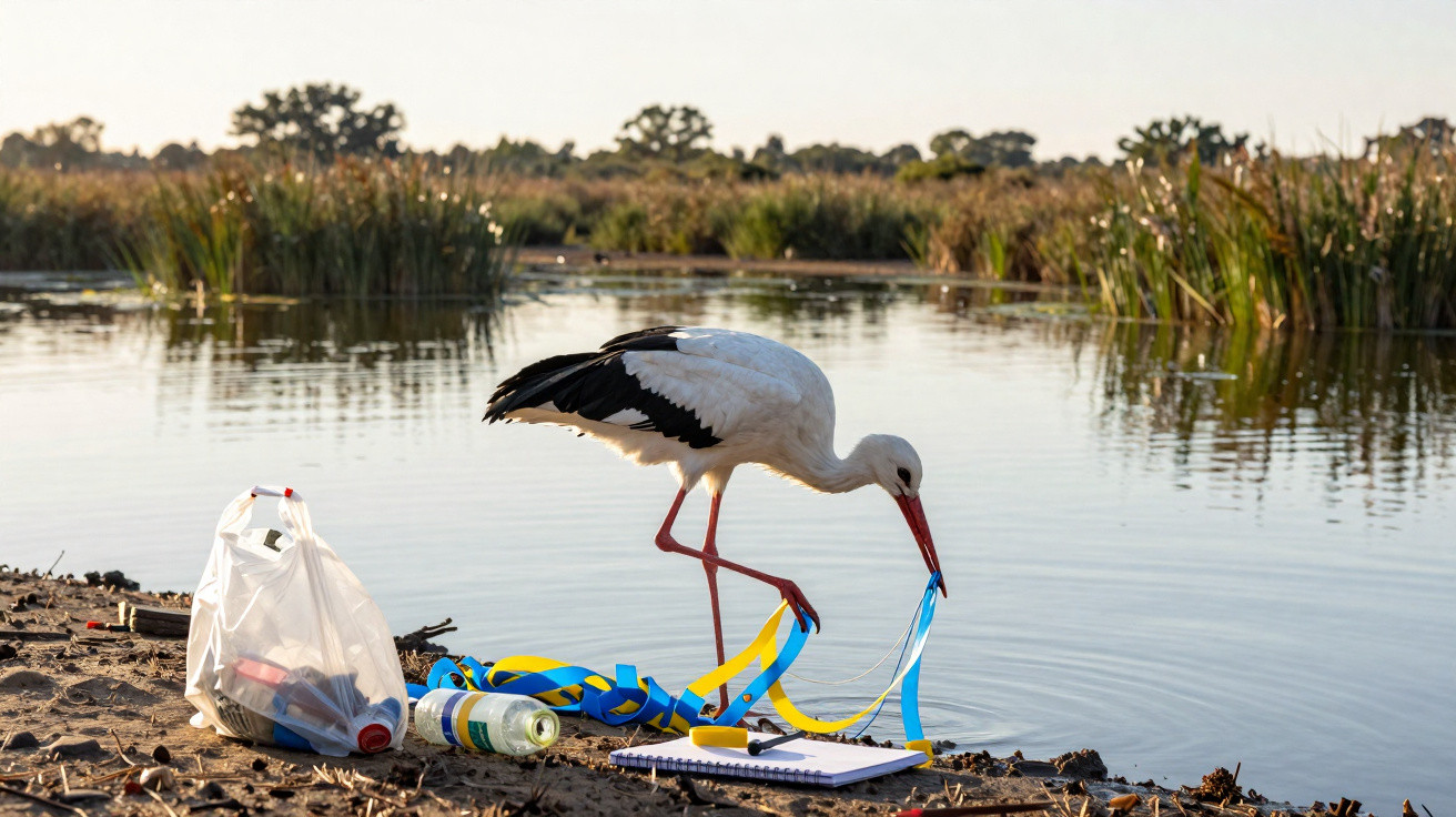Ein Storch untersucht Plastikmüll am Ufer eines Sees mit Schilf und Bäumen im Hintergrund.