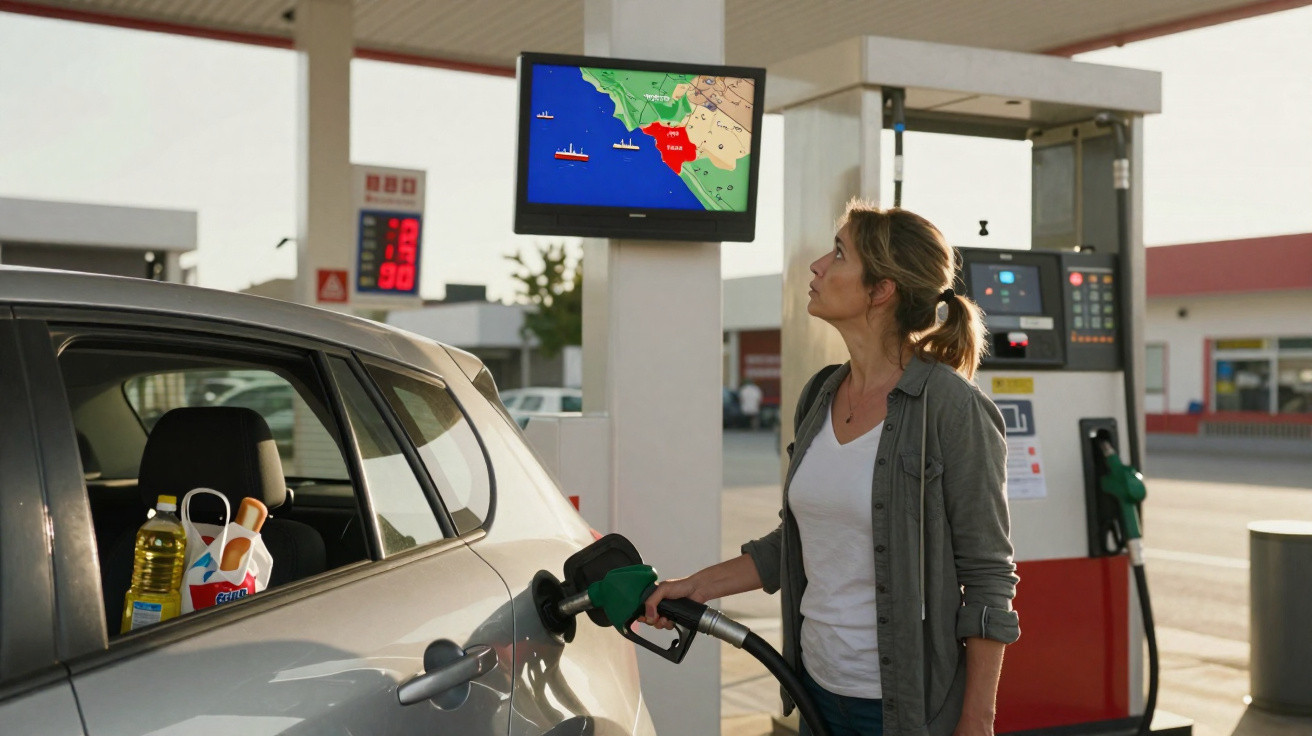 Frau tankt Auto an Tankstelle und schaut auf Bildschirm mit farbiger Landkarte.