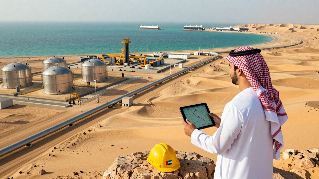 Mann in traditioneller Kleidung mit Tablet überwacht Industriegebiet in der Wüste nahe Küste mit Tanks und Schiffen.