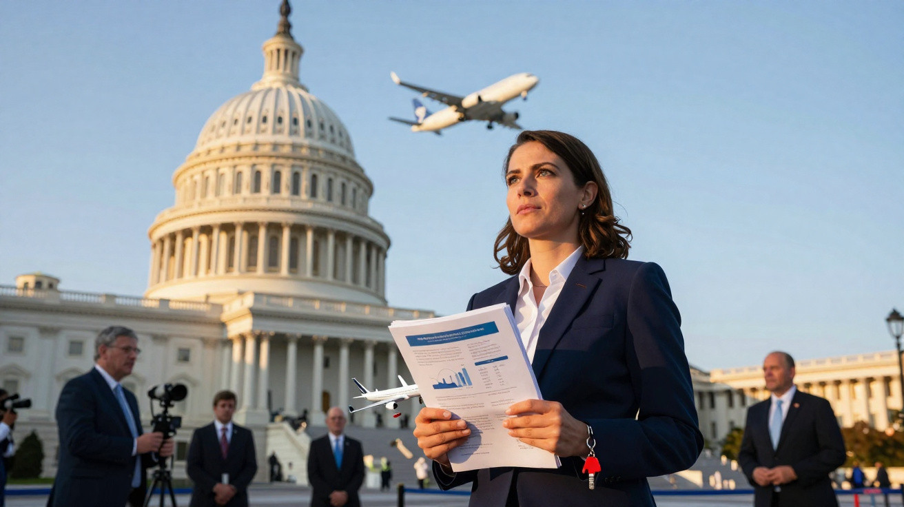 Frau mit Dokumenten vor dem Kapitol, Flugzeug im Hintergrund, mehrere Männer in Anzügen in Washington D.C.