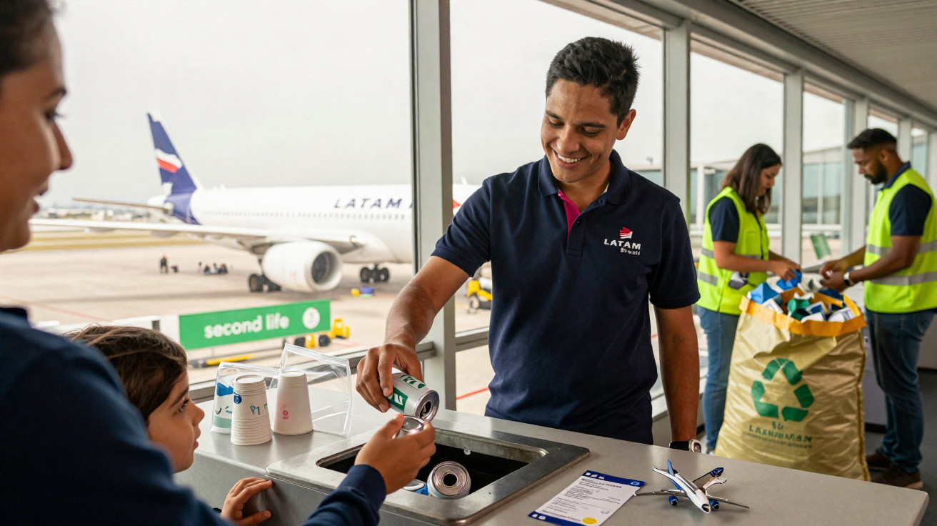 Mitarbeiter der LATAM Airline entsorgt Getränkedosen beim Recycling am Flughafen mit Flugzeug im Hintergrund.