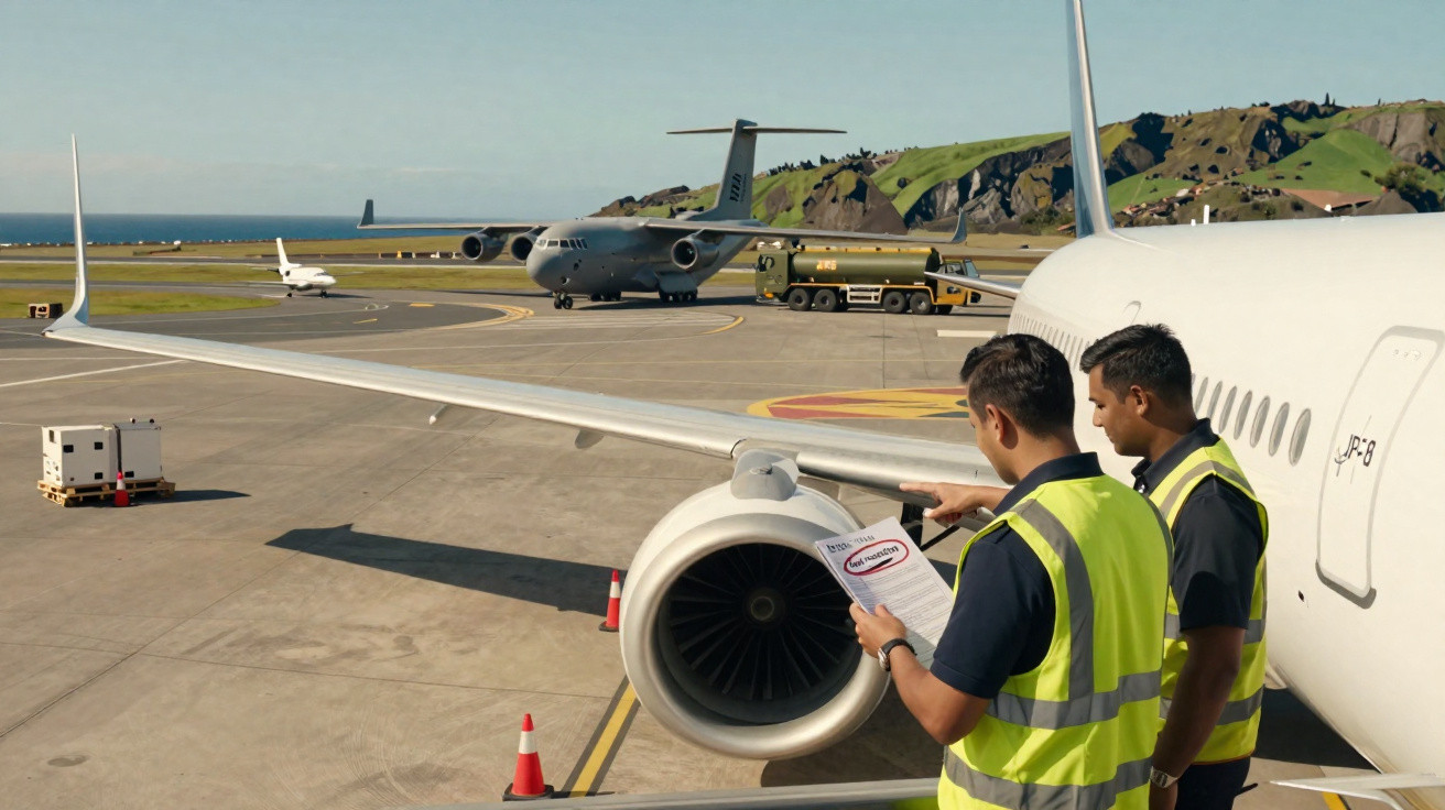 Zwei Flughafenmitarbeiter kontrollieren vor Start ein Triebwerk eines Flugzeugs auf dem Rollfeld.