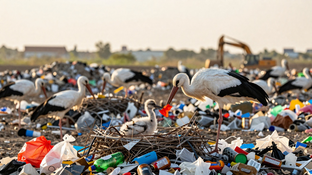 Storchenfamilie mit Jungtier in Nest umgeben von Müll und Plastik auf einer Mülldeponie.