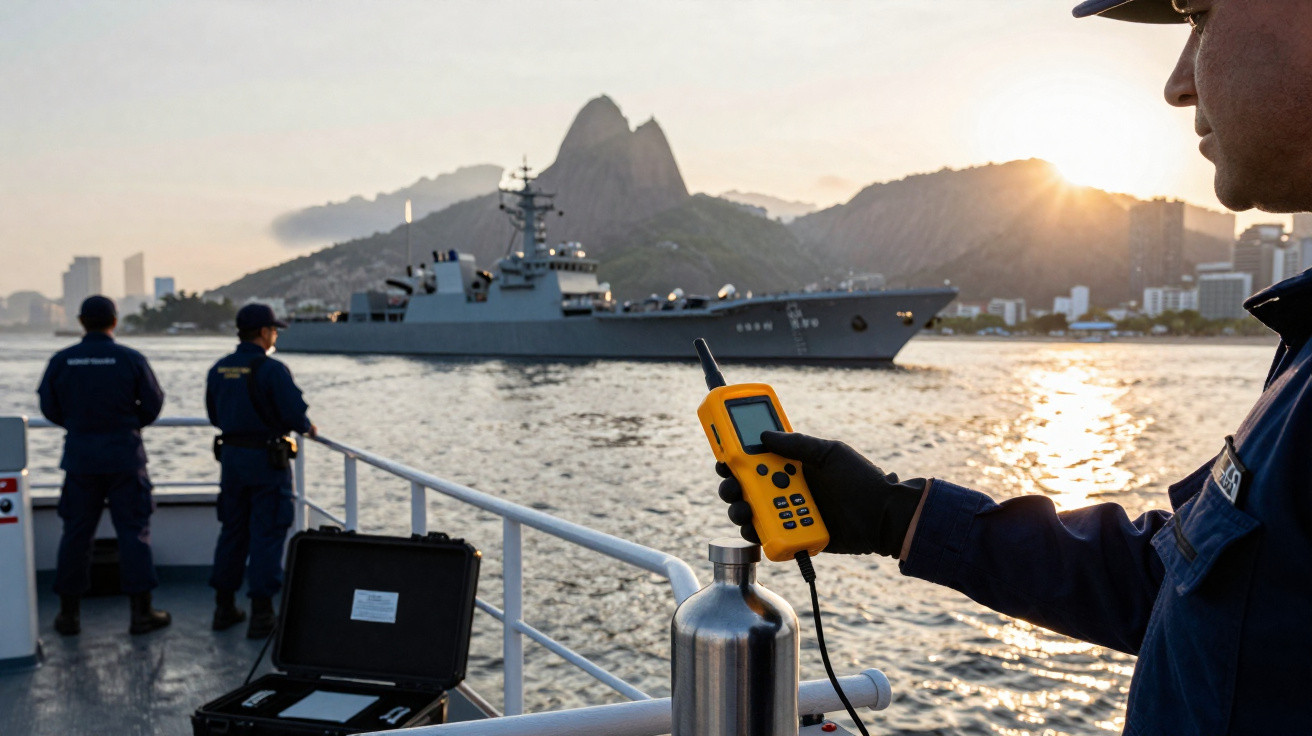Marinebesatzung auf Patrouillenboot mit Handfunkgerät vor Kriegsschiff und Berglandschaft im Sonnenuntergang