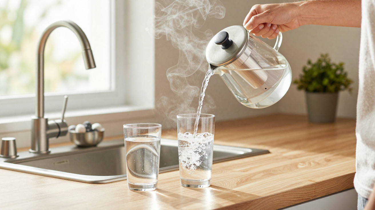 Dampfender heißer Wasserkocher gießt kochendes Wasser in ein Glas auf der Küchenarbeitsplatte.