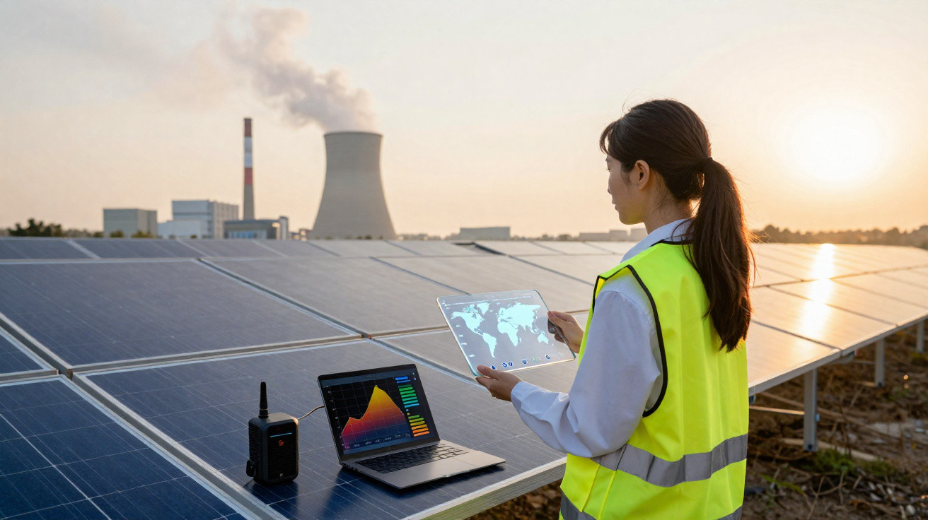 Frau mit gelber Weste überprüft Daten an Solarpanelen bei Sonnenuntergang vor Kraftwerksschornstein.