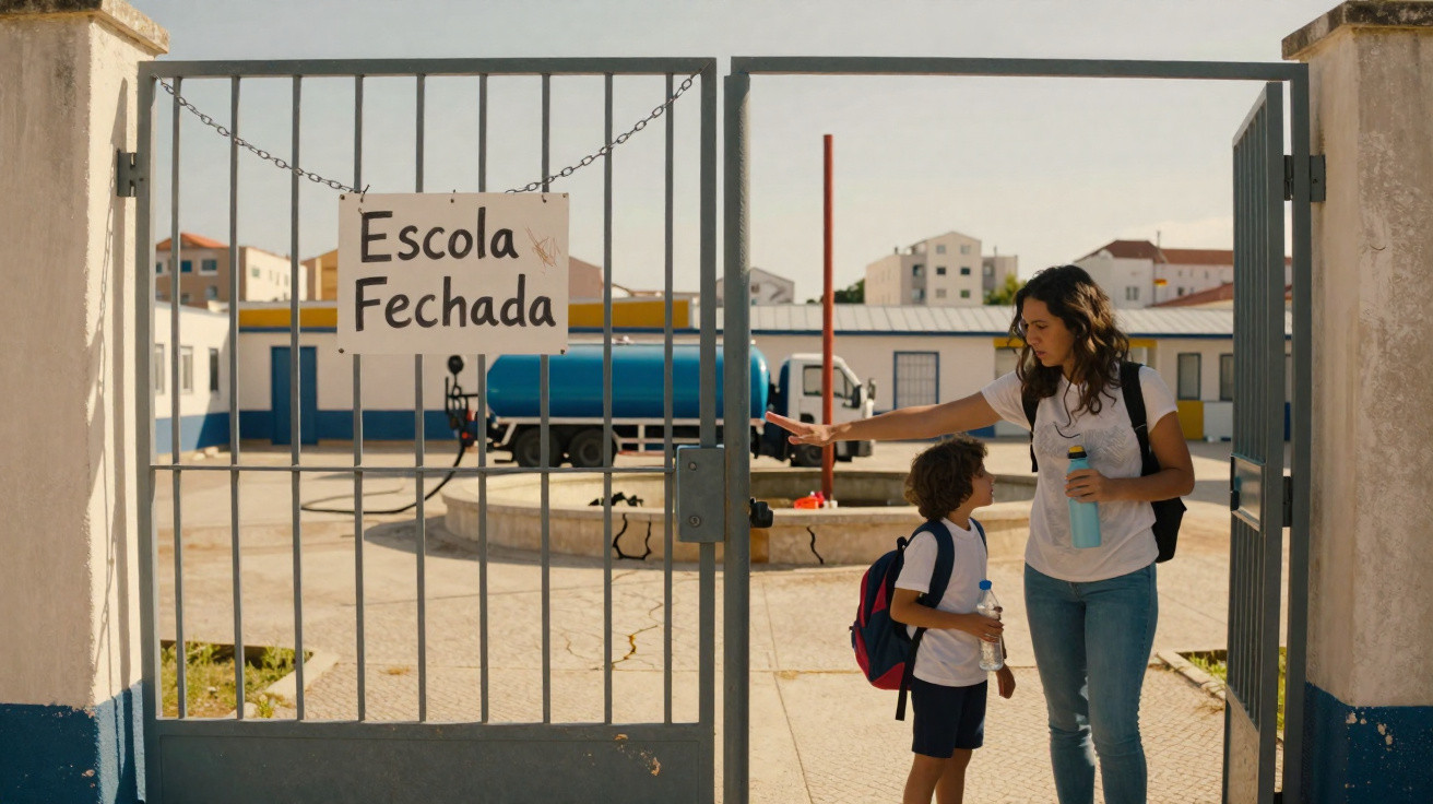Geschlossene Schultür mit Schild „Escola Fechada“, Mutter verabschiedet Kind mit Rucksack am Tor.