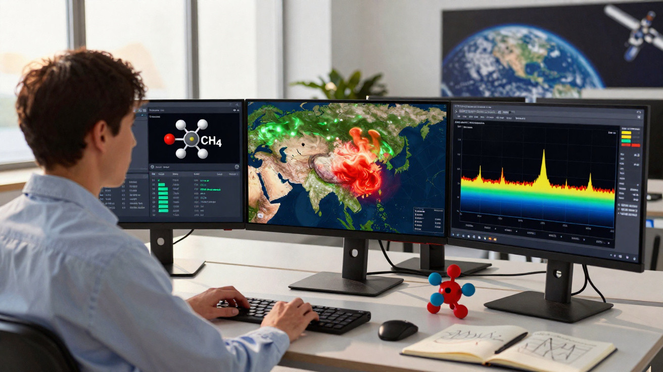 Person vor drei Monitoren mit Diagrammen, Erdkarte und Methanmolekülmodell am Schreibtisch.