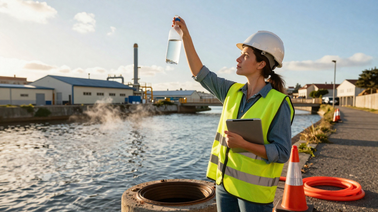 Ingenieurin mit Schutzhelm und Warnweste untersucht Wasser in Fluss nahe Industrieanlage bei Sonnenuntergang.