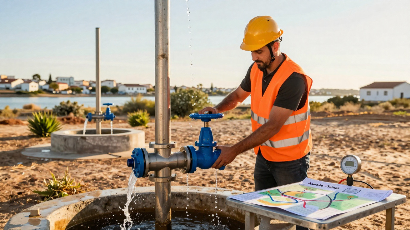 Techniker mit Helm und Warnweste bedient Wasserhahn an Bewässerungssystem im Freien mit Plänen auf Tisch.