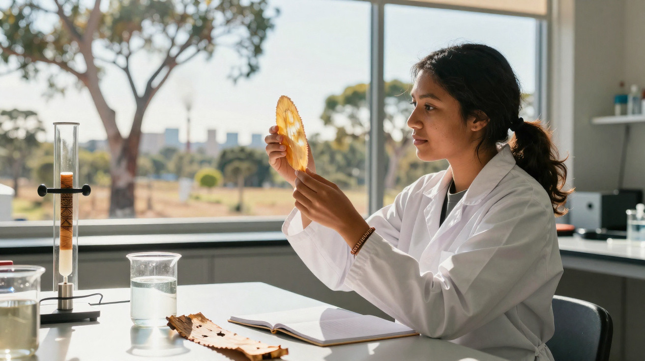 Wissenschaftlerin im Labor untersucht durchscheinende Scheibe und macht Notizen bei Tageslicht am Fenster.