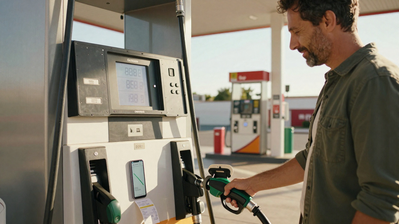 Mann betankt Auto an einer Zapfsäule an der Tankstelle bei sonnigem Wetter.