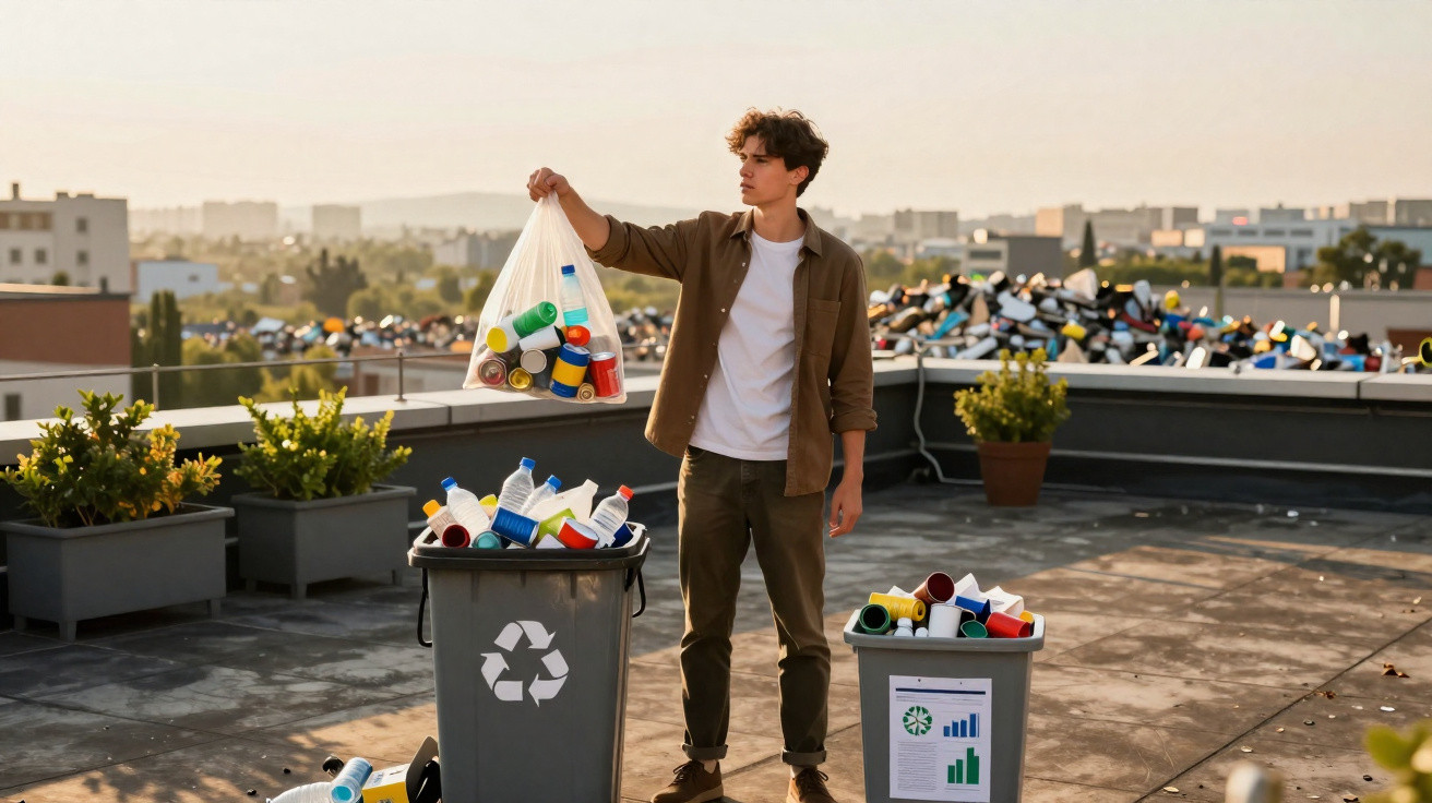 Junger Mann steht auf Dach und entsorgt Plastikflaschen und Becher in Recycling-Behältern bei Sonnenuntergang.
