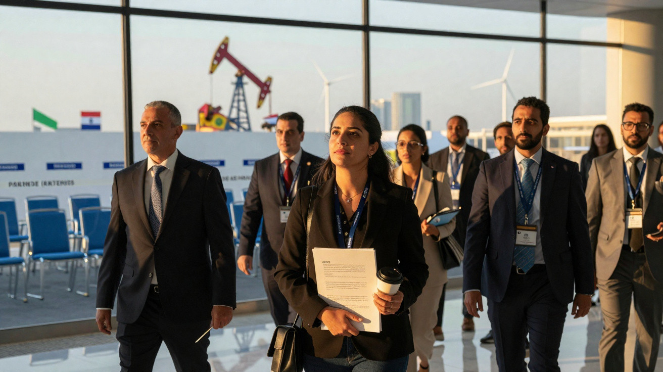 Gruppe von Geschäftsleuten in formeller Kleidung geht durch helles, modernes Gebäude mit Energieanlagen im Hintergrund.