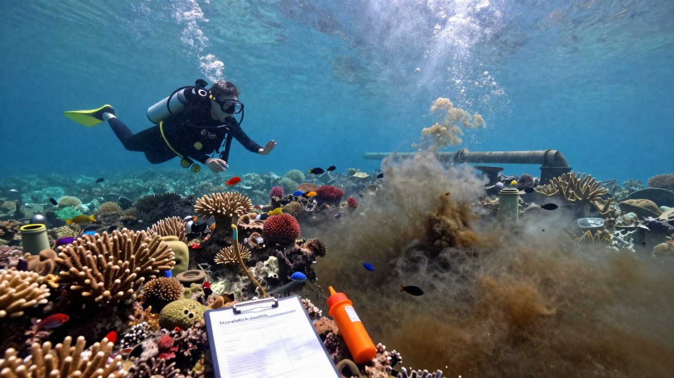 Taucher untersucht Korallenriff unter Wasser mit vielfältigen Fischen und sedimentaufwirbelndem Sand.