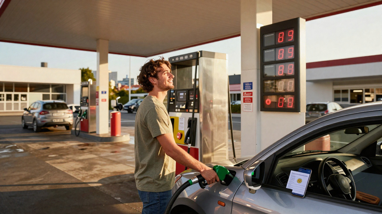 Junger Mann tankt Auto an Zapfsäule an sonniger Tankstelle am späten Nachmittag.