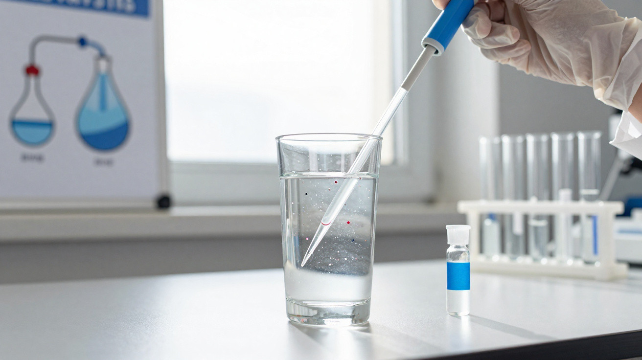 Hand mit Handschuh hält Pipette über Glas mit klarem Wasser im Labor mit Reagenzgläsern im Hintergrund.