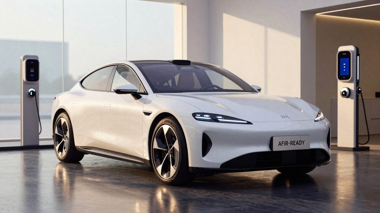 Weißes Elektroauto in modern gestaltetem Raum mit zwei Ladesäulen an den Seiten.