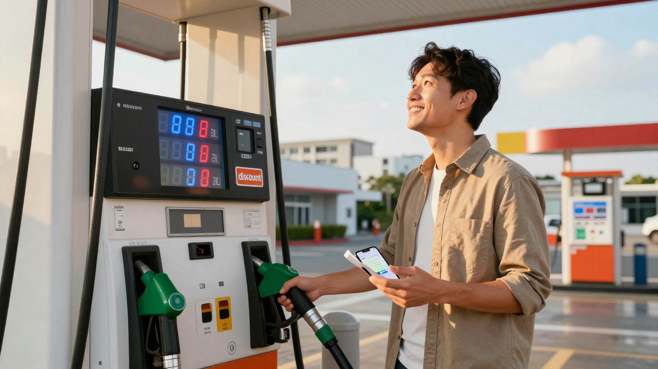 Mann tankt Auto an Zapfsäule und hält Smartphone an sonnigem Tag an einer Tankstelle.