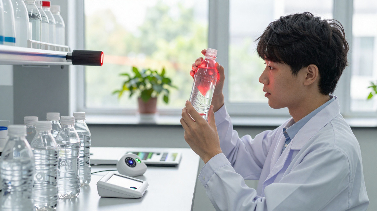 Mann in Laborkittel prüft im Labor eine Plastikflasche mit Flüssigkeit auf einem Tisch mit mehreren Flaschen.