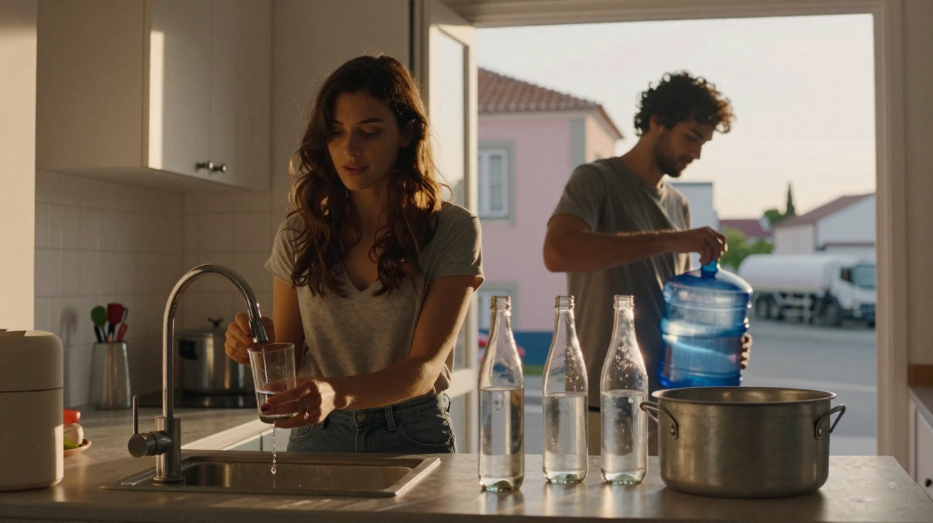 Junge Frau füllt in der Küche Glas mit Wasser, Mann im Hintergrund mit großen Wasserbehälter.
