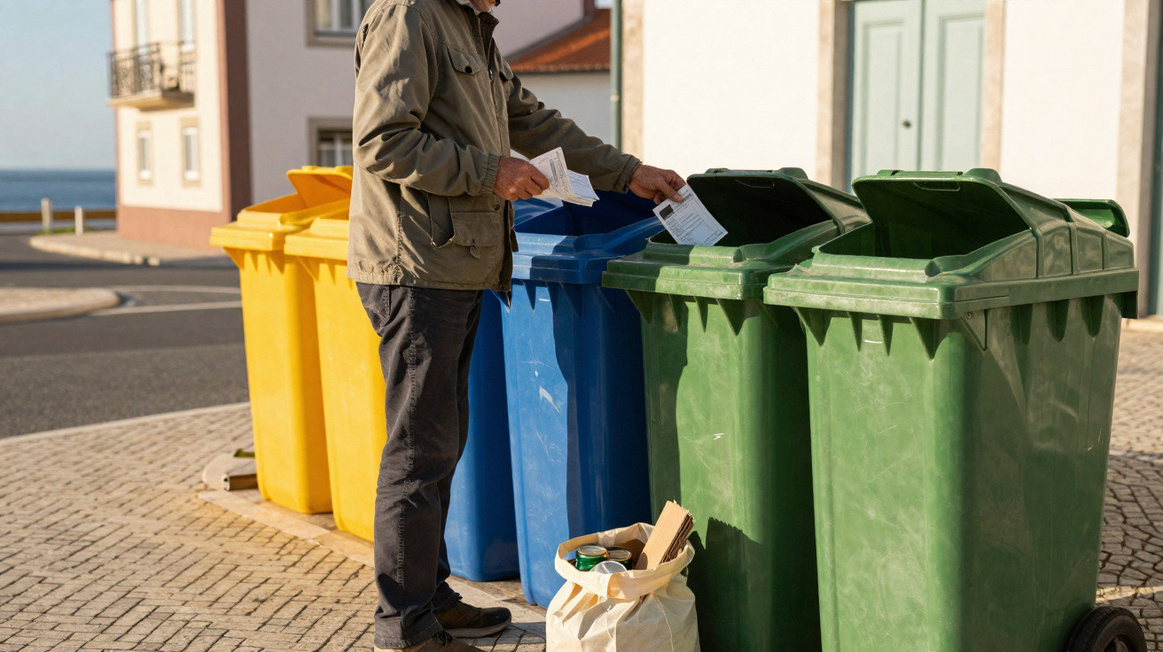 Mann wirft Papiermüll in grüne Tonne, weitere gelbe und blaue Mülltonnen im Hintergrund auf gepflastertem Bürgersteig.