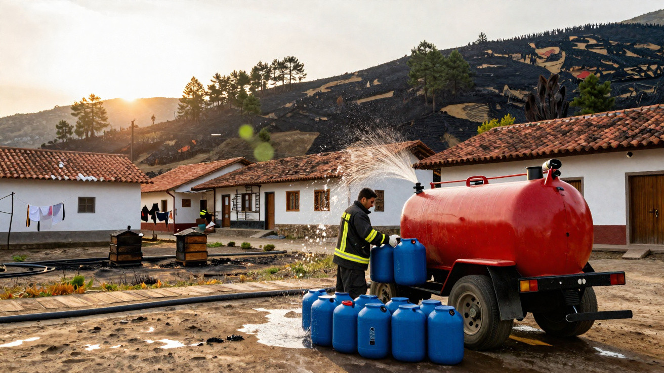 Feuerwehrmann füllt blaue Kanister mit Wasser aus rotem Tankwagen vor verbranntem Hügel in Dorf.