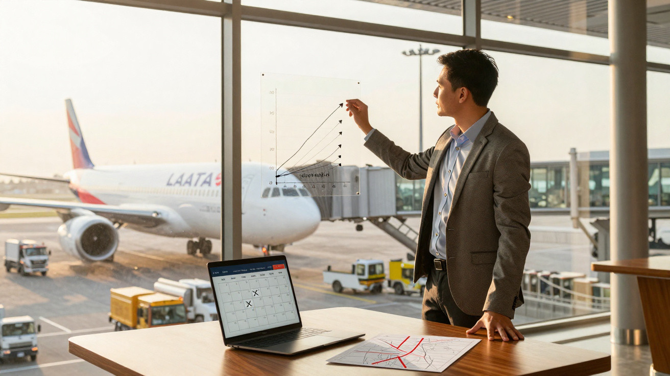 Geschäftsmann in Flughafen-Terminal zeichnet Diagramm an Fenster mit Flugzeug im Hintergrund.