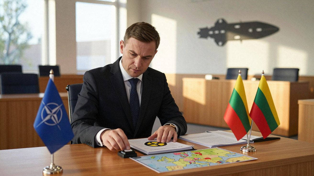 Mann im Anzug sitzt am Tisch mit NATO-Flagge, litauischen Flaggen und Karte, während er Dokumente prüft.