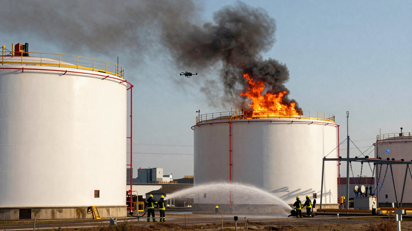 Feuerwehr löscht Brand auf großem Tank mit Flammen und schwarzem Rauch, Drohne fliegt darüber.