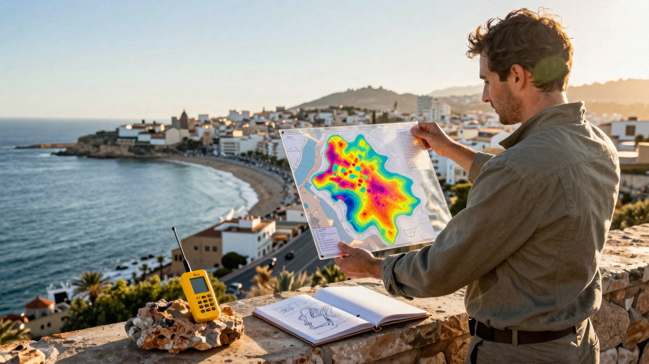 Mann analysiert bunte Wärmebildkarte vor Küstenstadt mit Meer, Buch und Funkgerät auf Steinmauer.