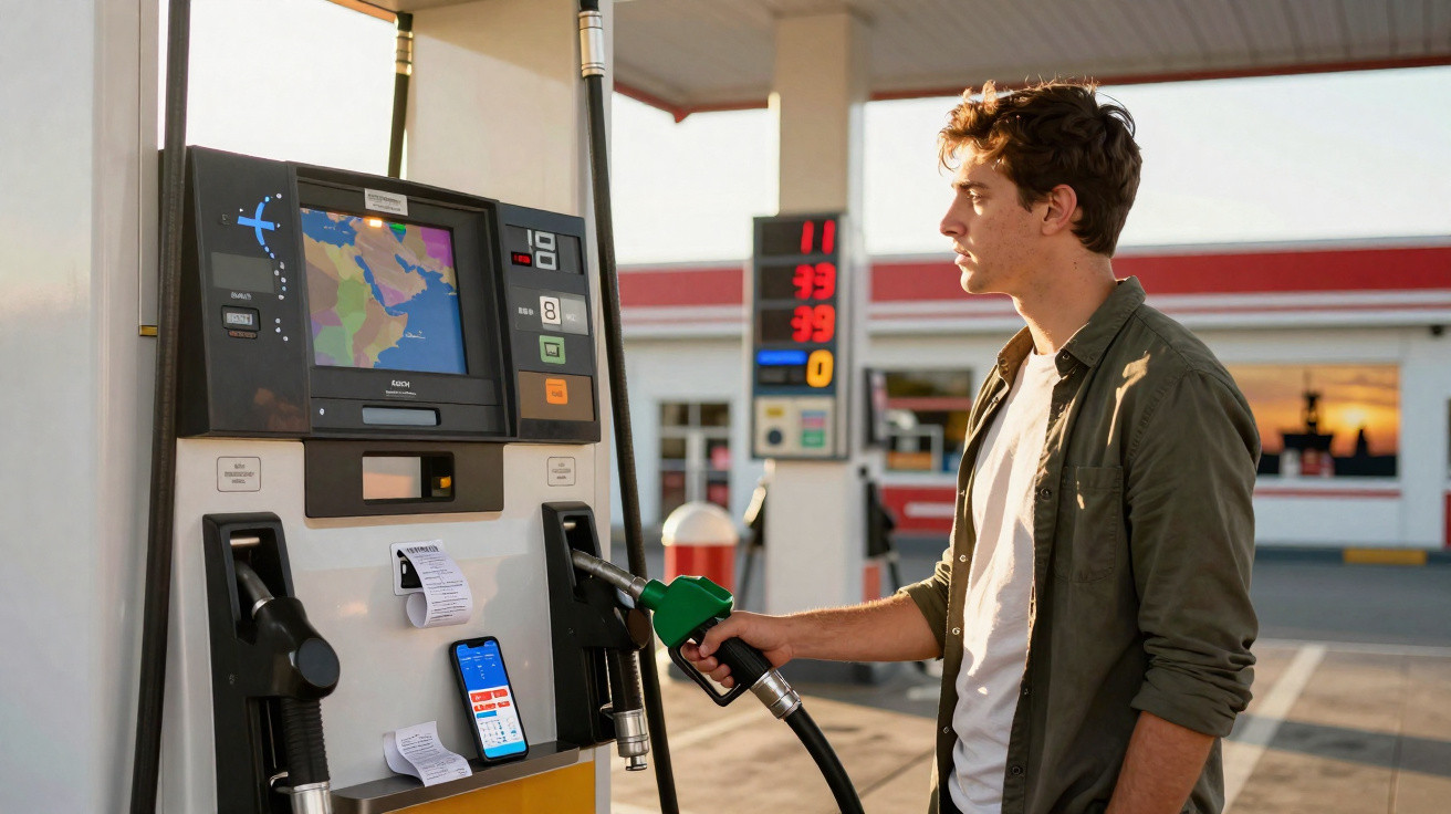 Junger Mann tankt Auto an moderner Tankstelle mit digitalem Bildschirm und Zapfhahn in der Hand.