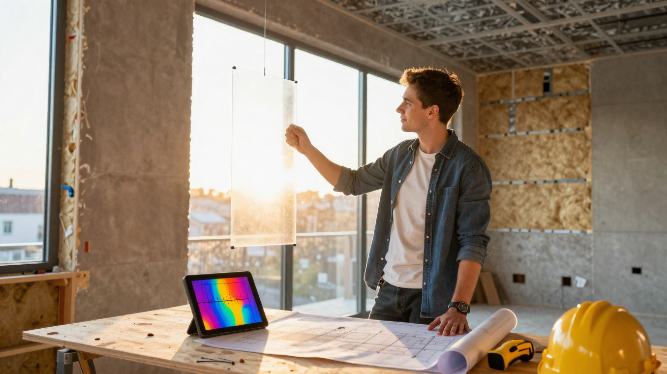 Junger Mann betrachtet Sonnenlicht durch transparentes Material im Rohbau mit Bauplänen und Tablet am Tisch.
