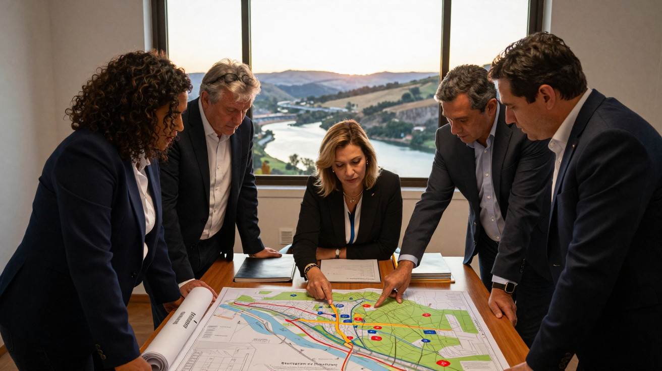 Fünf Personen in Businesskleidung diskutieren an einem Tisch über einen Stadtplan mit Flussansicht im Hintergrund.