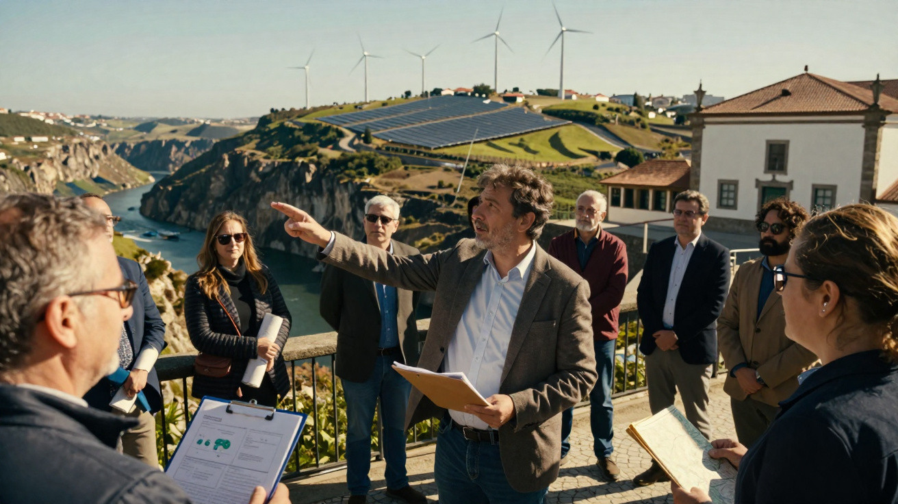 Gruppe von Menschen in Outdoor-Meeting vor Fluss, Windrädern und Solaranlagen auf Hügel im Hintergrund.