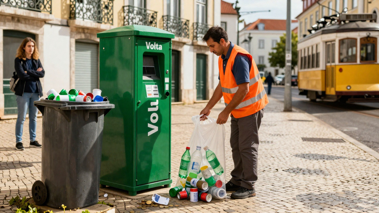 Mitarbeiter entsorgt Flaschen und Dosen an einer Pfandrückgabestation auf einem gepflasterten Gehweg.