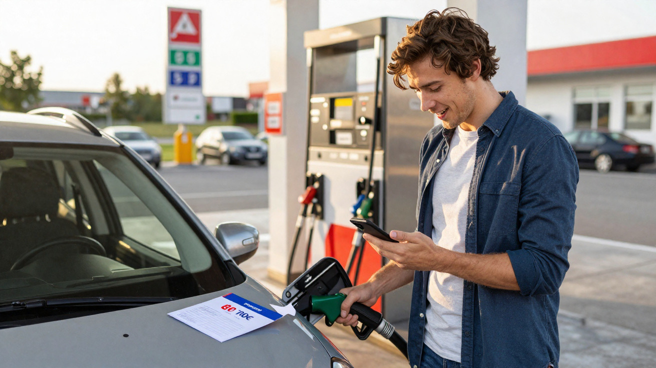 Mann füllt Auto an Tankstelle auf und zahlt kontaktlos mit dem Smartphone.