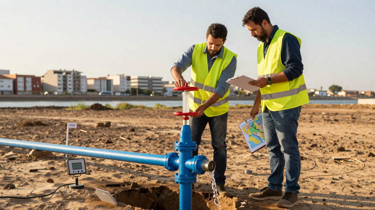 Zwei Ingenieure in Warnwesten prüfen ein Wasserrohr auf einer Baustelle mit Messgerät und Plänen.