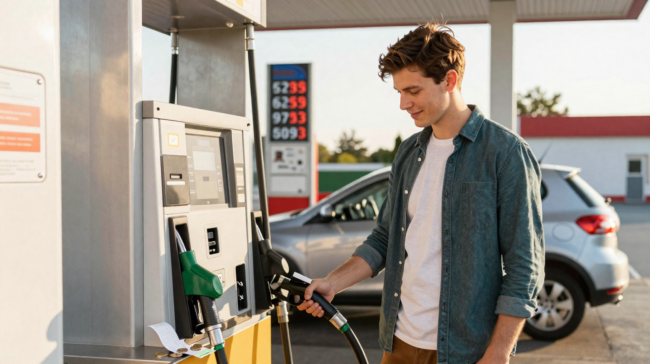 Junger Mann zapft an Tankstelle Benzin in sein Auto bei Tageslicht.
